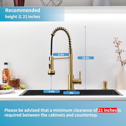 Image of GIMILI Gold Kitchen Faucet with Soap Dispenser Single Hole Pull Down Sprayer LED Faucet, Suitable for Farmhouses, RV, Laundry Room, Outdoor, and Campers. Llave para fregadero de cocina