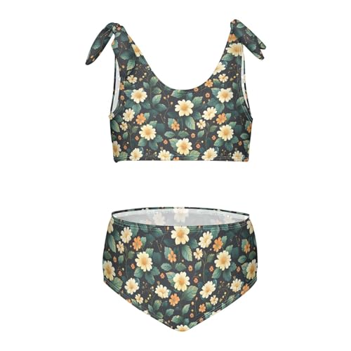 White Floral Green Pattern Girls Tankini Swim Set, Two Piece Swimsuits Summer Bikini Swimwear Set for Girls, 3T