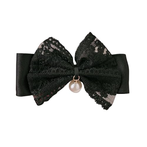 Lazo para el pelo, de alta elasticidad y elegante, lazo de encaje con colgante de perlas de imitación, cuerda de goma para el pelo, para mujer, estilo diario y fiesta (negro)