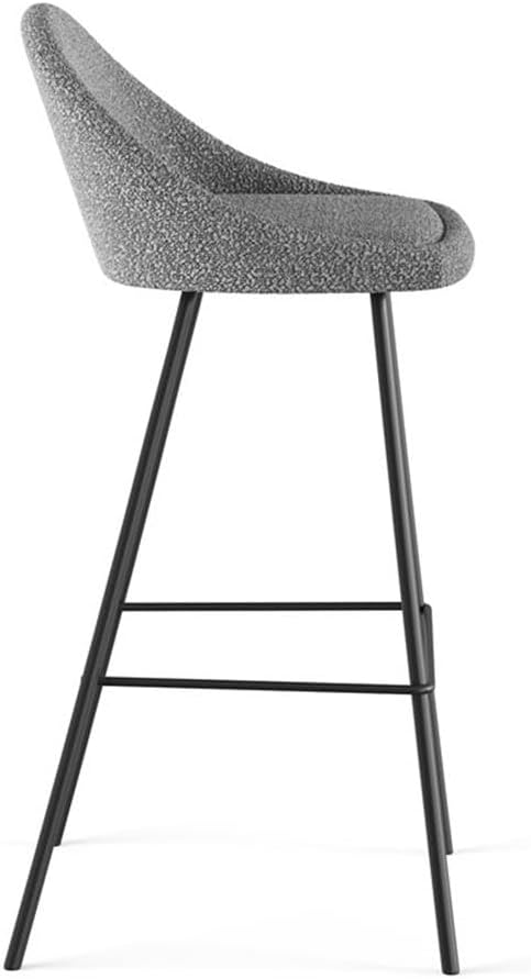 Pemberly Row Boucle Fabric Bar Height Stools, 39 in Tall, Set of 2, Gray Upholstery, Curved Padded Seat, Black Powder Coated Metal Legs, Modern Mid-Century Style, Kitchen or Bar Seating
