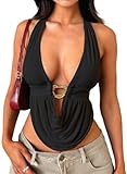 Women's Cute Summer Y2K Halter Top Sexy V Neck Tie Open Back Sleeveless Backless Going Out Tops for Women Club Party Black