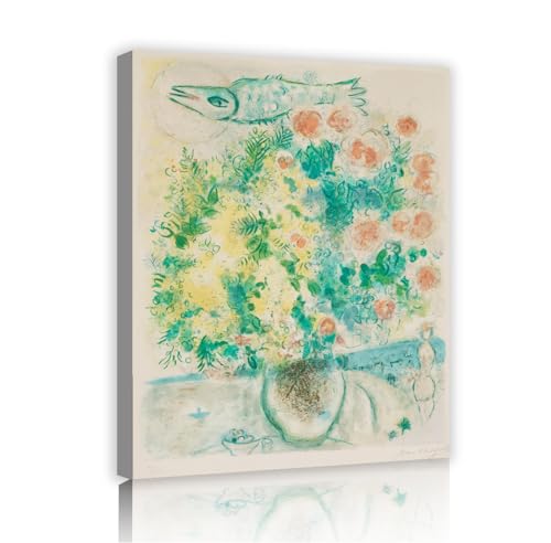 YUNART Gerahmte Leinwand Wandkunstdrucke Marc Chagall Rosen und Mimose Vintage gespannte und gerahmte Giclée Kunstwerk Bilder Druck auf Leinwand 70x90cm Innenrahmen