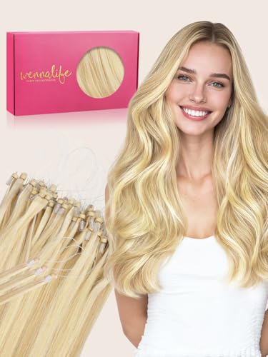 Image of WENNALlFE T Lock Tip Hair Extensions Human Hair, 50g 60s 18 Inch Light Blonde Highlighted Golden Blonde Remy Hair Microlink Hair Extensions Real Human Hair Seamless Micro Loop Soft Reusable De Cabello