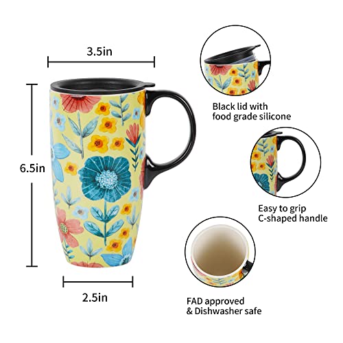 Voltogar Ceramic Mug Travel Coffee Cup Gift With Lid For Home & Office, 17Oz Porcelain Tall Tea Cup With Handle, Green Flower Art Pattern Mug In Color Box, 6.5" H #TOP1