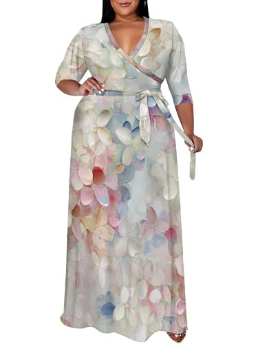 Image of SUZONANA Women's Plus Size Maxi Dresses Casual Loose Short Sleeve Long Maxi Dress with Belt Wedding