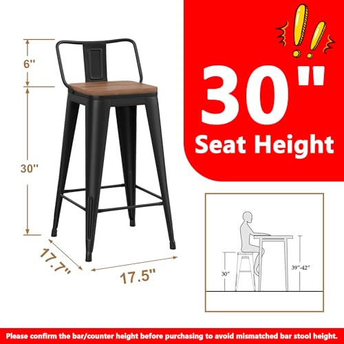 Image of WENTMENT Bar Stools Set of 4 Counter Height Metal Barstools with Removable Back 30 inch Kitchen Bar Stools with Wooden Seat, Black
