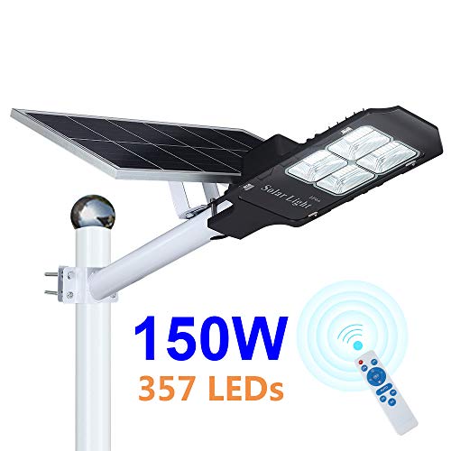 150W LED Solar Street Lights, Outdoor Dusk to Dawn Pole Light with Remote Control, Waterproof, Ideal for Parking Lot, Stadium, Yard, Garage and Garden (Cool White)