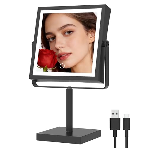 Ruacq Vanity Mirror with Lights, Height & Brightness Adjustable, Rechargeable 4000mAh Lighted Makeup Mirror with Magnification 1X/10X, 3 Color Lights & 360° Rotation (Matte Black-Table)