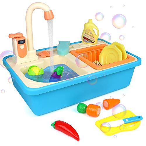 Fajiabao Kitchen Sink Toy with Running Water Play Fruits Vegetables Cutting Games Pretend Play Preschool Toys Indoor Outdoor Activities Food Kits Boys Girls Kids Holiday Birthday Gift 3 4 5 Years Old