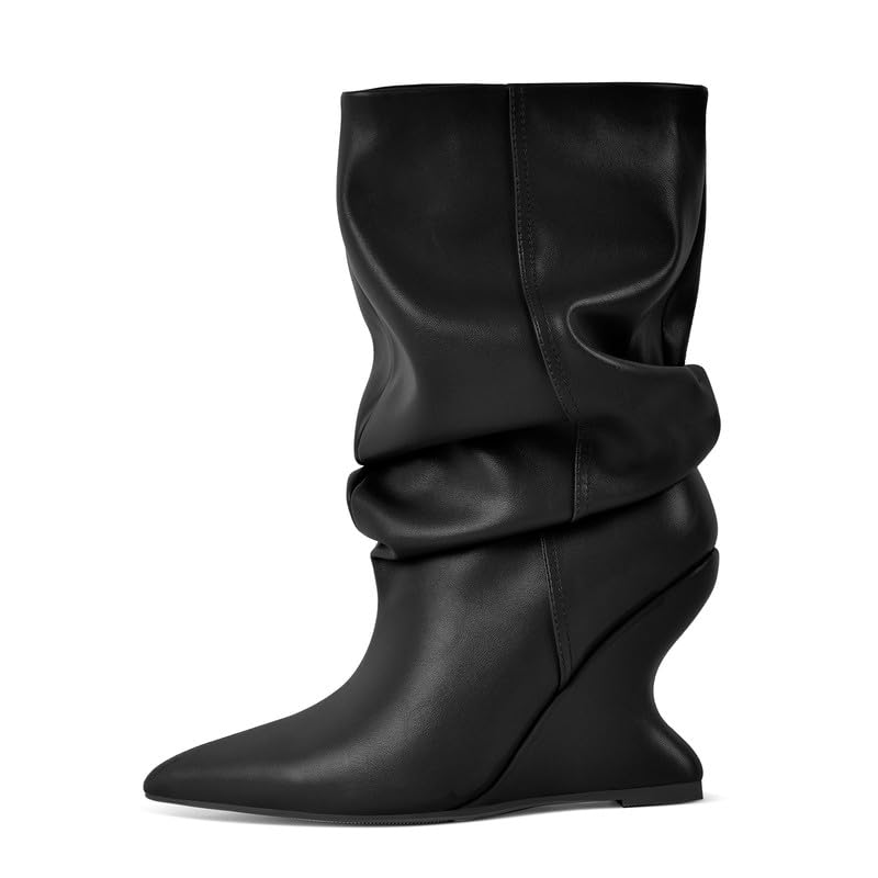 Womens Slouchy Mid Calf Boots Pointed Toe Pull On Wide Calf Wedge Booties Ruched Short Boots for Fall