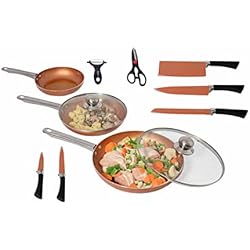 Sartenes Masymas MAXELLPOWER JUEGO DE 3 SARTENES 2 TAPAS CUCHILLOS TIJERAS COLOR COBRE COPPER PAN APTO HORNO SARTENES COPPER + CUCHILLOS COPPER