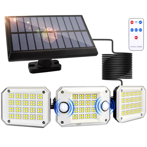 Solar Motion Sensor Outdoor Lights, 296 LEDs, 4 Heads,3500LM,7000K with 5M Cord for Solar Outdoor Lights IP65 Waterproof and 3 Modes, Remote Control forGarage, Porch (3 Heads-1 Pack)