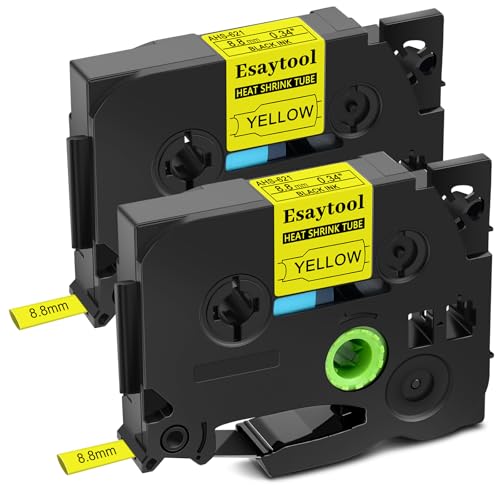 Esaytool 2 Pack HSe-621 Heat Shrink Tube Cable Label Tubing Black on Yellow HSe621 HS621 0.34inch (8.8mm) x 4.9ft (1.5m) Compatible for Brother P Touch Maker PT-E300 E500 P710BT P700 P750WVP P900