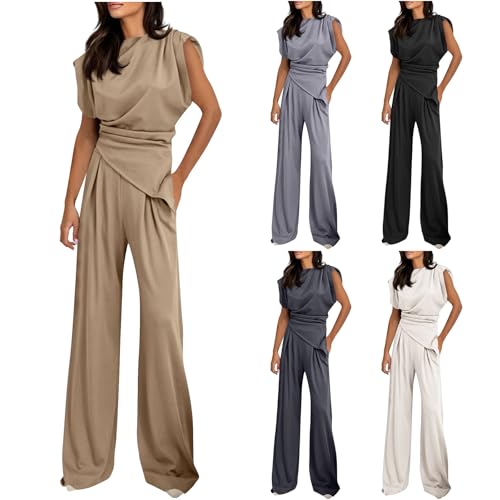 HGps8w Women's Summer 2 Piece Outfits Dressy Irregular Blouse with Pleated Wide Leg Pants Formal Office Pant Suits2