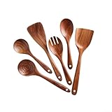 Juego de utensilios de cocina de madera con cucharas, cucharones, coladores y espátulas, 4/6/8 piezas de herramientas de cocina de madera natural para arroz, sopa y preparación de alimentos (6 piezas)