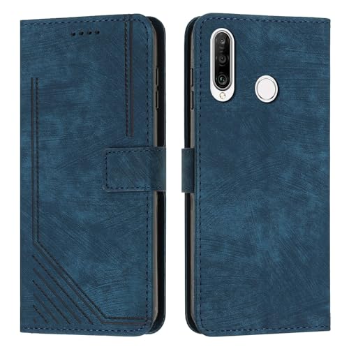 Coque Huawei P30 Lite bleue avec dragonne et fente portefeuille intégrée