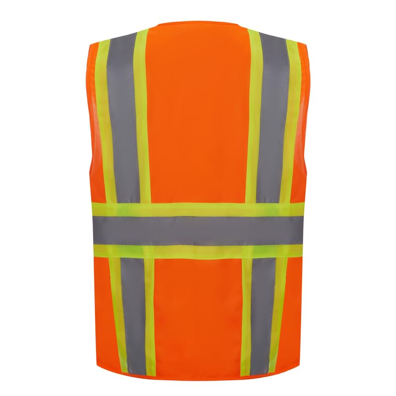 3C Products SV7200, ANSI/ISEA Class 2, 5-Point Break-Away Safety vest, Reflective w/Yellow Binding, Velcro, Pockets,Orange,S