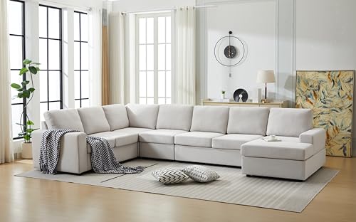 Image of Ball & Cast 147 inch L-Shaped Sectional Couch for Living Room with Reversible Chaise & Removable Back Cushions,7 Seat Linen Upholstered Convertible Sectional Sofa Set,DIY Combination,for Home,Office,Beige