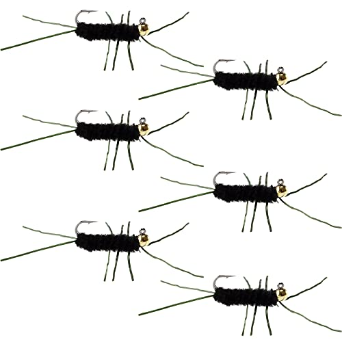 The Fly Fishing Place Tungsten Bead Jigged Pat's Rubber Legs Nymph Fly Fishing Flies - Black with Olive Legs - Trout and Bass Wet Fly Pattern - 6 Flies Hook Size 10