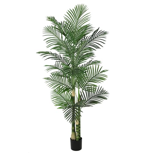 Image of Nafresh 6ft Ultra-Full UV Resistant Fake Golden Cane Palm Tree with Triple Trunks, 72in Tall Artificial Palm Tree Indoor Outdoor, Faux Palm Plant for Living Room Home Office Patio Garden Decor