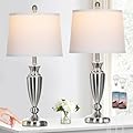 Rinweey Metal Table Lamps Set of 2, 3 Way Touch Control Silver Bedside Lamps with USB A+C Ports, Modern Brushed Nickel Nightstand Lamps for Bedroom Living Room