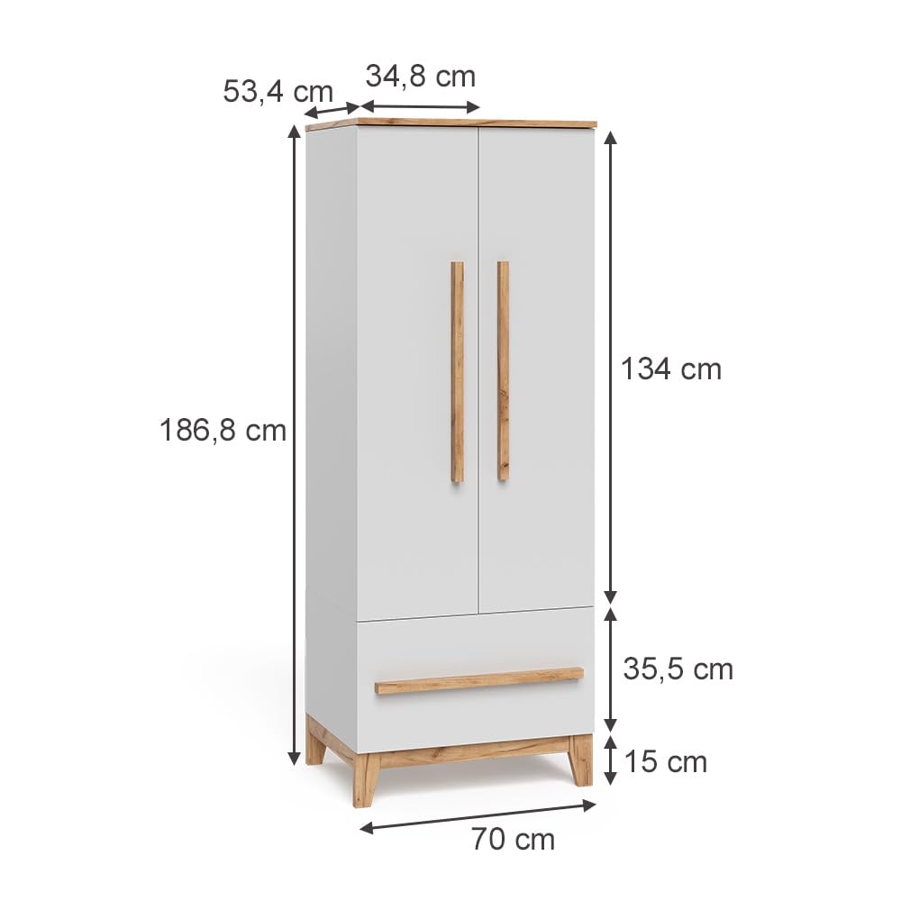 VitaliSpa Armoire pour Enfants Malia, Blanc/Artisan, 70x186.8cm, Compatible avec d'autres Meubles de la série Malia