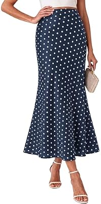 BTFBM Silk Midi Skirts for Women 2026 Summer Fall,Dot Navy White,S