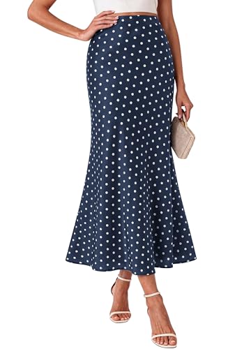 BTFBM Midi Skirts for Women 2026 Summer Spring Lightweight A Line High Waisted Wedding Guest Party Silk Long Skirt(Dot Navy White Small)