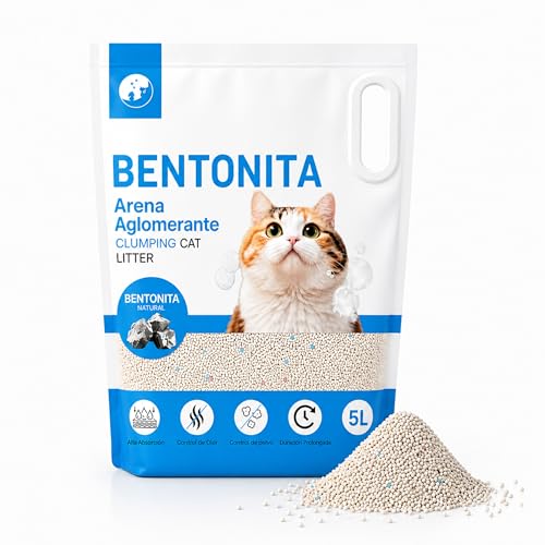 BESCH Arena para Gatos Bentonita Aglomerante 5L (3.9KG), Arena Higiénica Absorbente de Alta Eficiencia, Control de Olores, Bajo Polvo, Fácil Limpieza, Arena para Gatos Interior