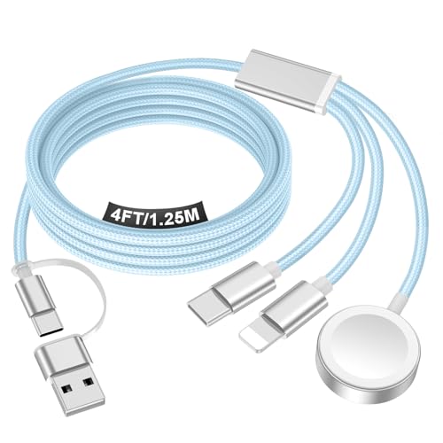 Travel Essentials for Apple Watch Charger,iPhone Charger,3 in 2 Type C/Lightning/Magnetic Travel Charging Cable,Portable Multi Charging Cable for Apple Watch, iPhone 17‑11,Samsung S26,Car,iPad-4FT