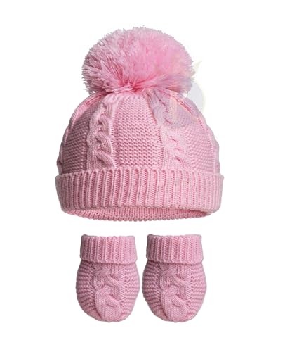 Image of Royal Icon Baby Knitted Pom Pom Hat With Mittens Baby Boys Girls Winter Hat Mittens Set Cable Knit Single Pom Pom Bubble Hat Colours Available NB-12 Months RI6512 (Pink)