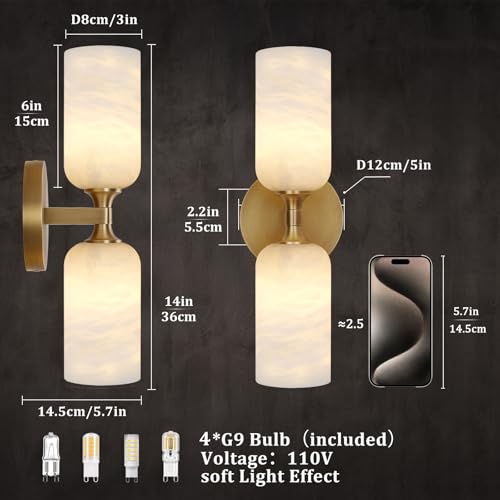 Image of Gold Alabaster Wall Sconces Set of 2, 14in Spanish Natural Marble Sconce, Modern Stone Wall Light, Dimmable Alabaster Vanity Light Hardwired Brass Wall Lamp for Bathroom Mirror, Bedroom, Hallway
