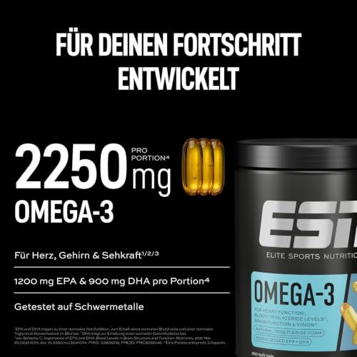 ESN Omega-3, 300 Kapseln, hochdosiert Fischöl mit 1200 mg EPA und 900 mg DHA pro Tagesportion