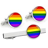 Kooer Rainbow Cufflinks Gay and Lesbian Wedding LGBT Cuff Links & Tie Clip Set LGBT Wedding Jewelry Gifts (Circle cufflinks & tie clip set)