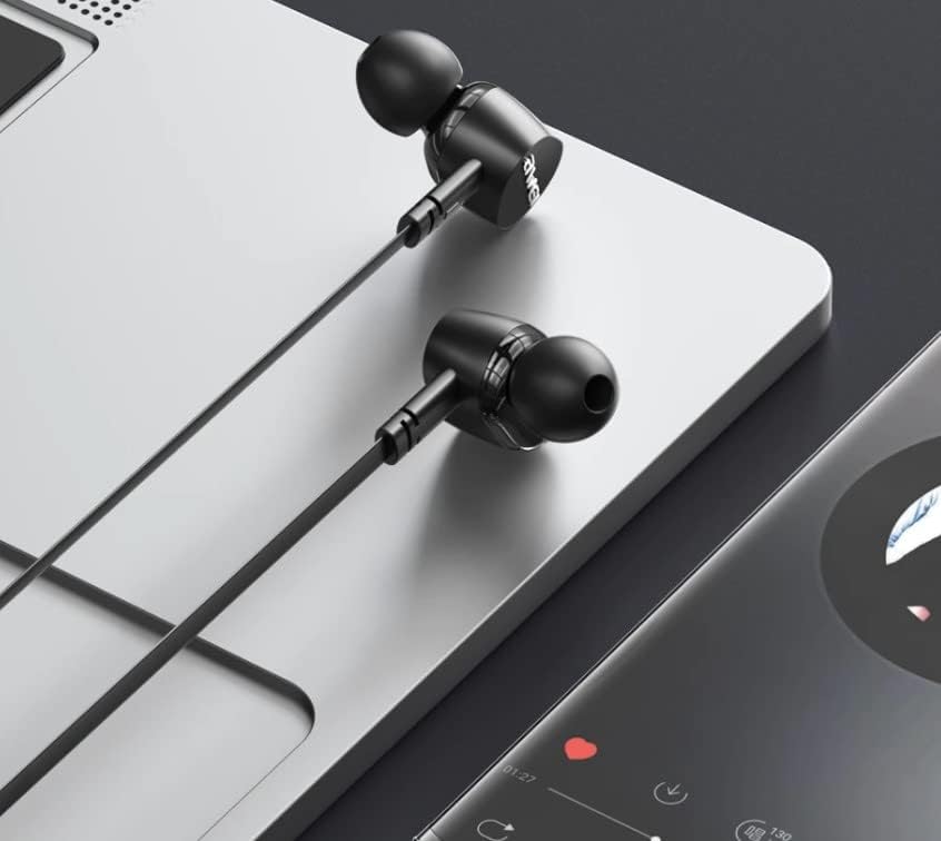 Image showing the Awei TC-7 earphones connected to a laptop and a smartphone.