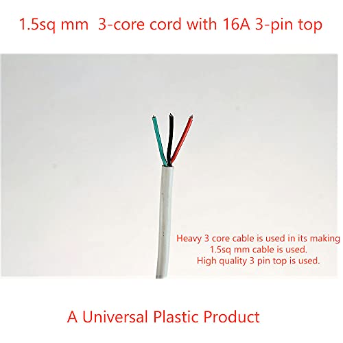 Image of HI-Plasst Heavy Duty Extension Cord with 3-Pin Plug Top (2 Yards) - 1.5 sq mm Thick 3 Core Cable with 3Pin Top Attached for Heater, Geyser, AC, Refrigerator, Washing Machine, Microwave, | 16A