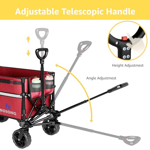 Image of ROSONG Collapsible Wagon Cart with Wheels Foldable - Folding Utility Heavy Duty Wagons Carts for Grocery Sports Garden Shopping Camping Wheelbarrows, Burgundy