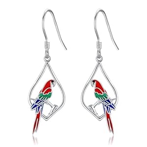 Roter Ara! Leichte Papagei-Ohrh&auml;nger, 925 Silber + Emaille, Offenes Design | Schmuck-Ohrringe