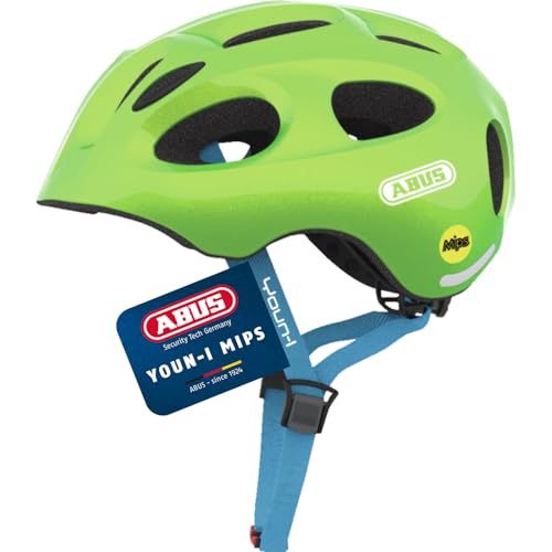 ABUS Kinderhelm Youn-I MIPS - Fahrradhelm mit Licht, Reflektoren und Aufprallschutz (MIPS) - für Mädchen und Jungen - Grün (funkelnd), Größe M