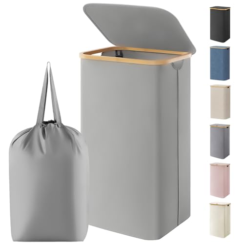 Image of Lifewit 100L Laundry Basket with Lid, Clothes Hampers for Laundry with Bamboo Handles and 1 Removable Bag, Large Foldable Laundry Hamper for Bedroom, Bathroom, Dorm, Laundry Room, Silver Grey