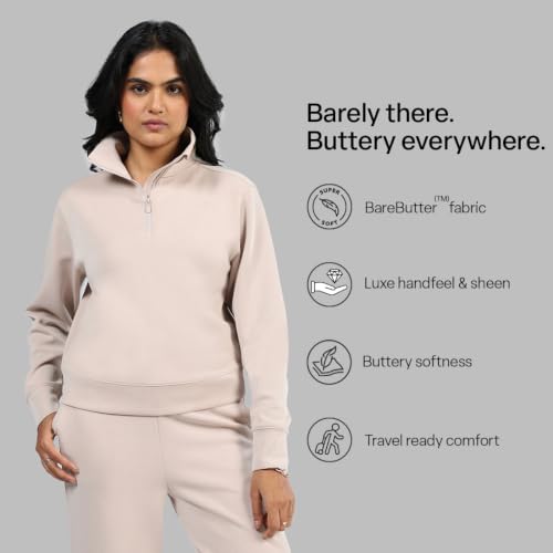 Image of BlissClub BareButter Pullover with Zip Marshmallow Comfort Relaxed fit Funnel Neck Cuffed Sleeve Luxurious Feel