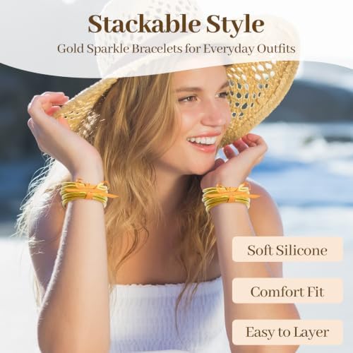 AOJOLIO Gold Glitter Silicone Jelly Bangles for Women, Stackable Waterproof Soft Ladies Bracelets, Sparkling Fashion Jewelry Gift for Party Holiday Daily Wear - 5