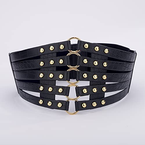 Wiwpar Punk Black Women's Elastic Costume Wide Waist Belt Hollow Out Rivets Cinch Belt Tied Waspie Corset Belts for Women Halloween Jewelry (Gold Black)4