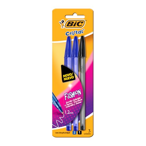 Caneta Esferográfica BIC Cristal Fashion com 2 Azul e 1 Preta, Ponta Média de 1,2mm, Escrita Macia, 878655