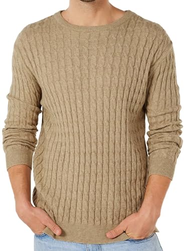 BAYAMO Men's Crewneck Sweater Classic Casual Sweaters Soft Knitted Pullover Sweaters with Ribbing Edge Fashion Cable Pattern (Khaki, M)