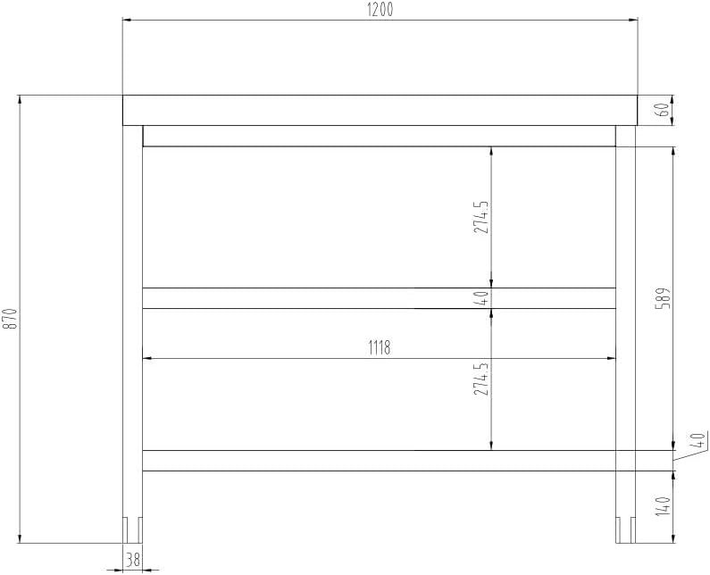 Technical drawing of the GGM Gastro ATK126 work table side view with detailed measurements
