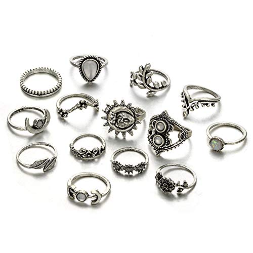 PONCTUEL ESCARGOT 14 PCS Knuckle Stacking Rings for Women Girls,Boho Vintage Geometric Moon Sun Crystal Midi Finger Rings Set (15 Pcs Moon Sun Flower Ring)
