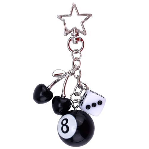 Mikovivi Llavero de Cereza con Dados la Suerte Bola 8 Negra, una Adorable Estrella un Colgante Bola Billar para Bolso Ideal para Mujeres y Hombres Amantes del Billar y Los Deportes