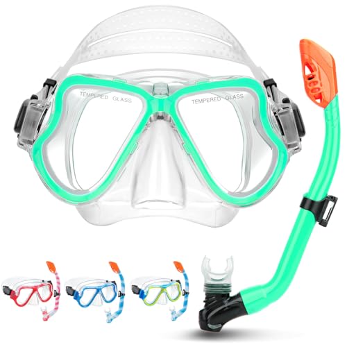 Snorkeling Gear for Kids, Kids Snorkel Set with Dry Top Snorkel Anti-Leak Anti-Fog Panoramic View Snorkel Mask, Boys Girls Youth Junior Snorkeling Package (Turquoise/Transparent)