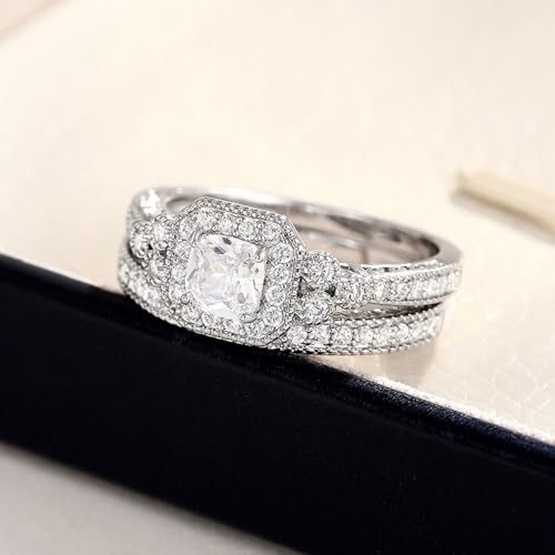 2pcs/set White Gold Plated Cubic Zirconia Inlaid Exquisite Engagement Rings Wedding Bridal Band Promise Rings Evening Parties Anniversary Valentine's Day Gifts Eternity Bands for Women4